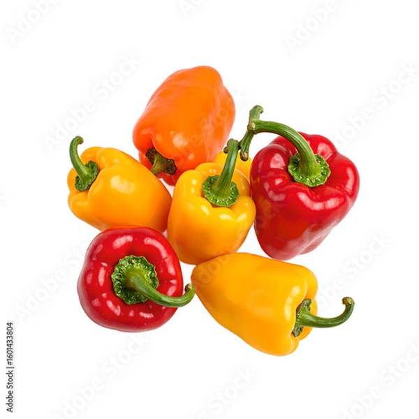 Fototapeta Vibrant mini sweet peppers in red orange yellow colors neatly arranged and centered on a white background