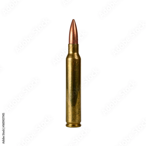Fototapeta A shiny brass rifle bullet standing solo reflecting light against a clean white backdrop A symbol of precision and strength
