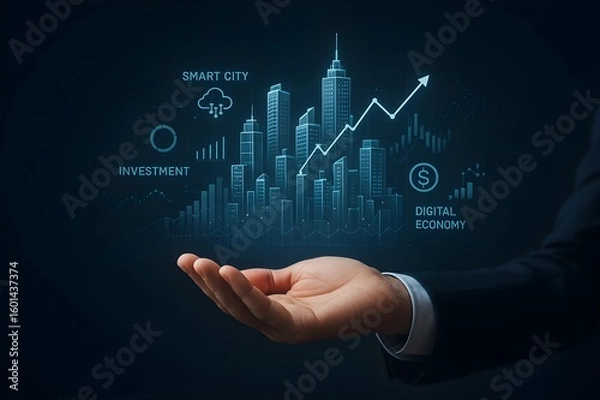 Fototapeta Business Hand Presenting Futuristic Holographic Skyline with Finance Graphs and Smart City Investment Data

