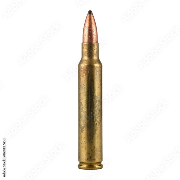 Fototapeta A shiny brass rifle bullet standing solo reflecting light against a clean white backdrop A symbol of precision and strength