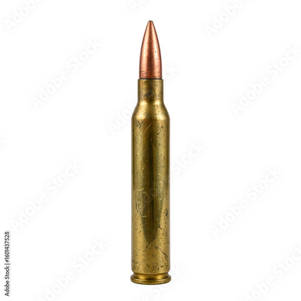 Fototapeta A shiny brass rifle bullet standing solo reflecting light against a clean white backdrop A symbol of precision and strength