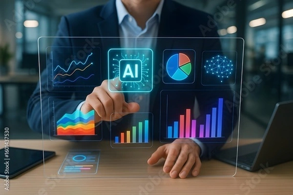 Fototapeta Business Professional Using Futuristic AI Dashboard with Neural Interface and Data Visualizations

