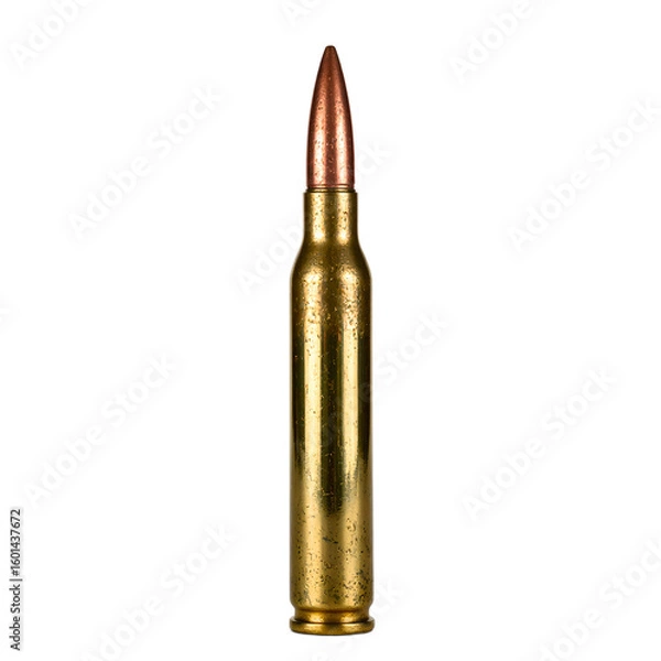 Fototapeta A shiny brass rifle bullet standing solo reflecting light against a clean white backdrop A symbol of precision and strength