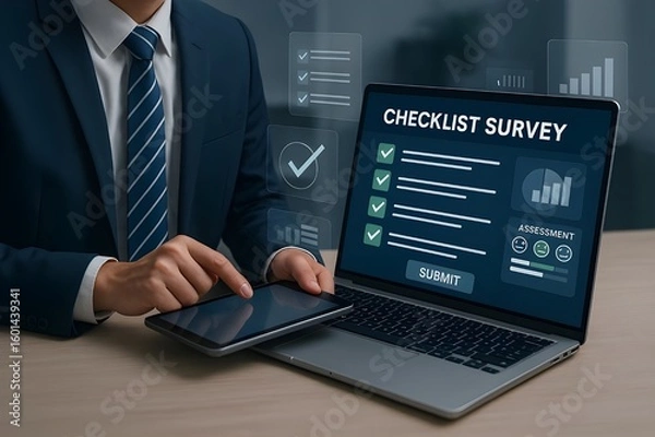 Fototapeta Businessman Completing Digital Checklist for Performance Monitoring and Strategic Business Evaluation


