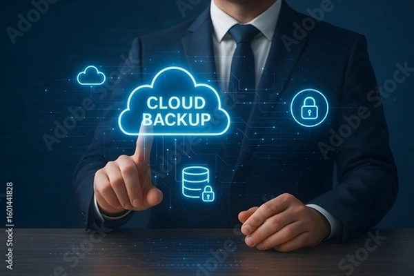 Fototapeta Businessman Interacting with Futuristic Holographic Cloud Backup and Data Security Interface in Tech Workspace

