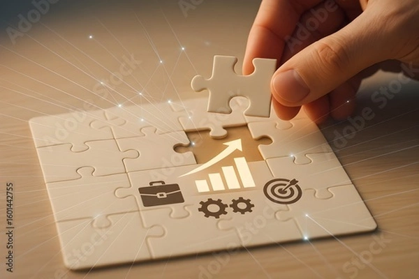 Fototapeta Close-Up of Hand Placing Final Jigsaw Puzzle Piece with Upward Arrow and Business Icons Symbolizing Strategic Success and Growth

