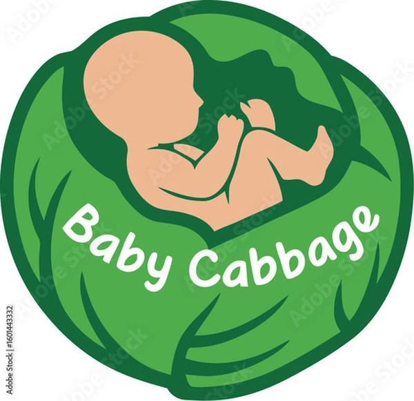Fototapeta A charming logo features a baby nestled inside a vibrant green cabbage, playfully labeled "Baby Cabbage," creating a whimsical and endearing design suitable for baby products.