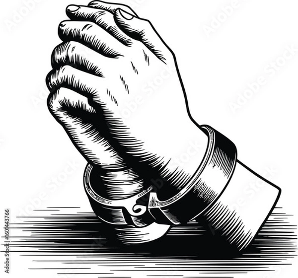 Fototapeta Engraved praying hands bound by shackles create a powerful visual statement, ideal for conveying themes of captivity, faith, and the struggle for freedom in graphic design.