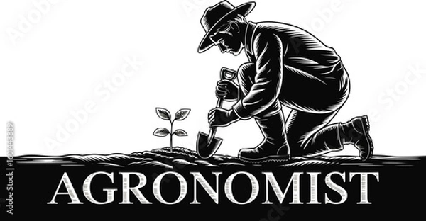 Fototapeta An illustration showcases an agronomist planting a young seedling with a shovel, rendered in a vintage style, emphasizing themes of agriculture, growth, and the importance of environmental stewardship