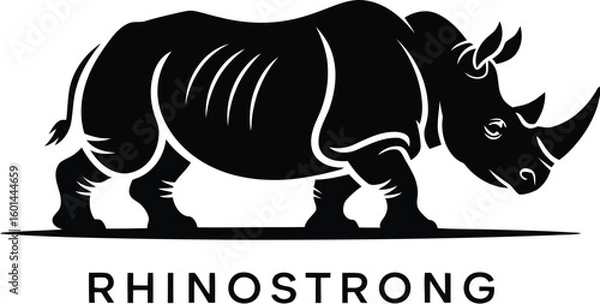 Fototapeta A striking silhouette showcases a powerful rhinoceros, its form rendered in bold black against a neutral backdrop, emphasizing strength and resilience with the word "RHINOSTRONG".
