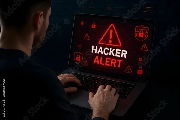 Fototapeta Man Using Laptop with Red Hacker Alarm and Cybersecurity Icons in Dark Tech Environment Representing Data Breach Threat

