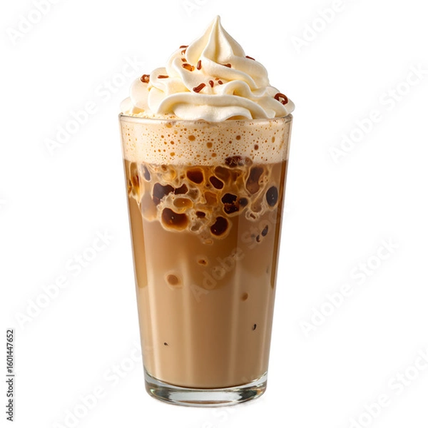 Fototapeta Delicious iced coffee topped with vanilla cream foam perfect for a refreshing break Isolated on a clean white background