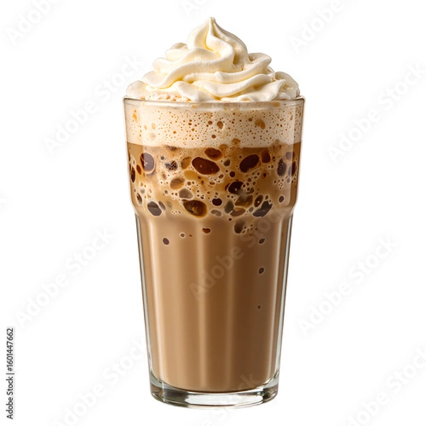 Fototapeta Delicious iced coffee topped with vanilla cream foam perfect for a refreshing break Isolated on a clean white background
