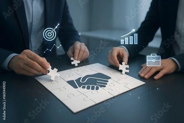 Fototapeta Two Businesspeople Assembling Handshake Puzzle with Digital Overlays Representing Partnership and Strategic Collaboration

