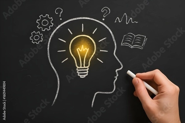 Fototapeta Silhouette of Human Head with Glowing Lightbulb and Chalk Doodles on Blackboard Symbolizing Creativity and Intellectual Awakening

