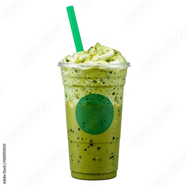 Fototapeta Chilled matcha frapp in a to go cup garnished with green straw set against a crisp white backdrop for a fresh and energizing image