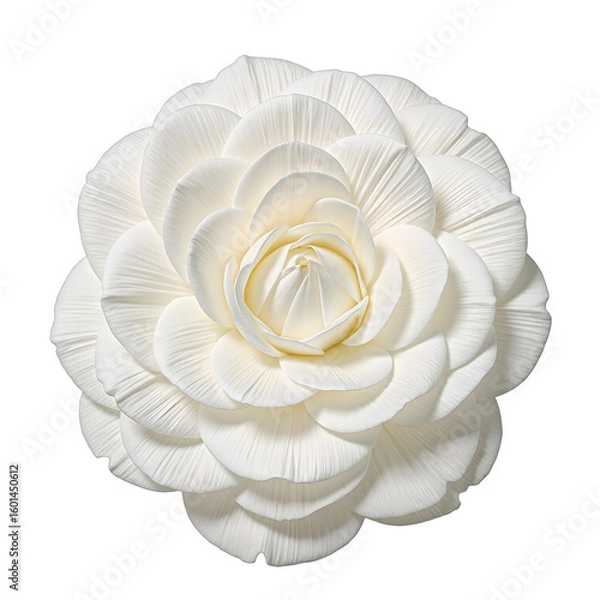 Fototapeta Beautiful white camellia flower with dense perfectly arranged petals strikingly centered and set against a crisp white background