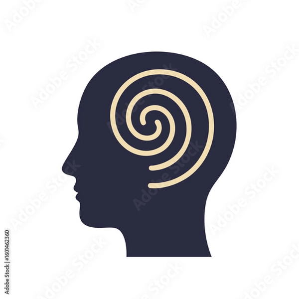 Fototapeta Vector illustration of head with spiral mind on white background, mental confusion