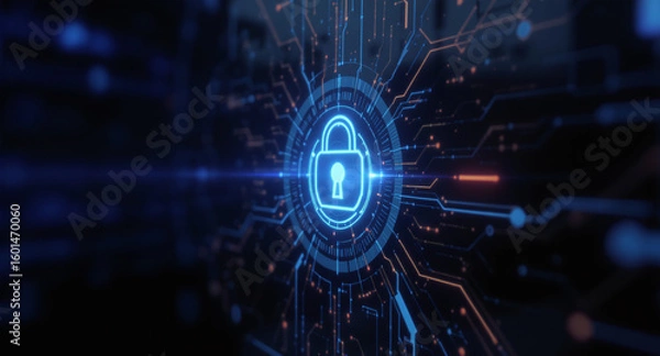 Fototapeta high-tech glowing lock interface in dark background, digital security access panel, sci-fi design