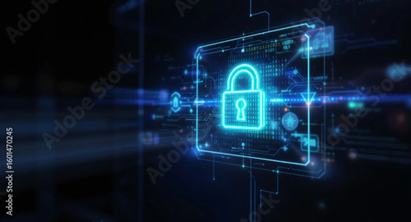 Fototapeta high-tech glowing lock interface in dark background, digital security access panel, sci-fi design