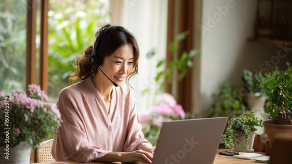 Fototapeta 日本人女性が自宅でテレワーク中