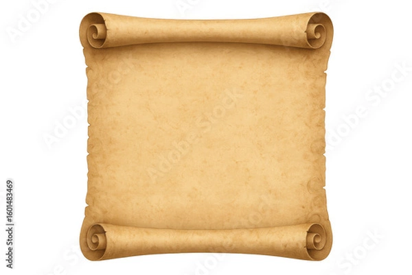 Fototapeta Vintage parchment scroll unfurling, revealing empty space for historical or medieval-inspired graphic layouts