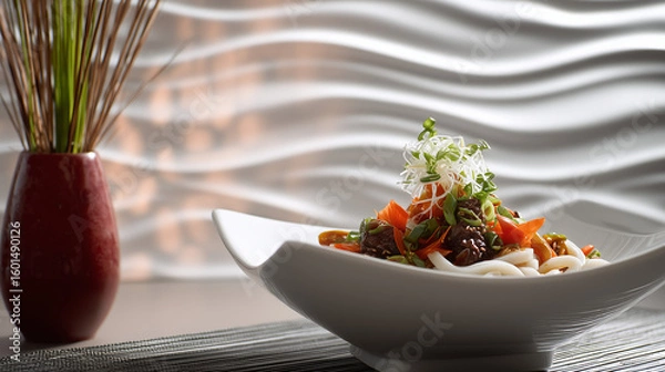 Obraz Close up of a noodle dish with vegetables in a white bowl with a vase and decorative background