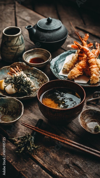 Obraz A rustic japanese meal featuring tempura shrimp, miso soup, and tea on a wooden table surface
