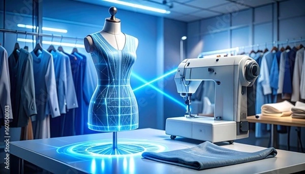 Fototapeta Mannequin and Sewing Machine with Digital Design Interface