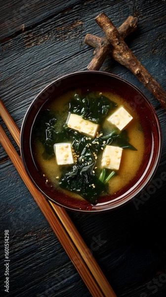Obraz A bowl of miso soup with tofu and seaweed on a wooden surface with chopsticks and a twig nearby