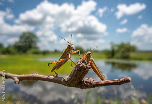 Fototapeta A pair of grasshoppers locusts on a stem. Two grasshoppers, female and male, near a pond on a twig. Background.