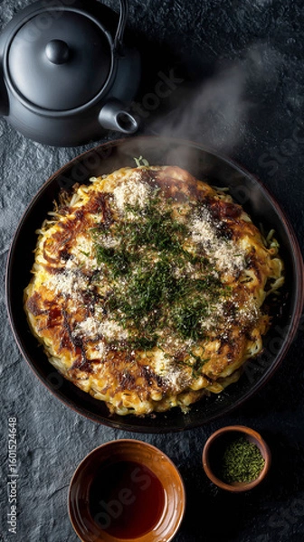Obraz Overhead view of okonomiyaki with teapot and sauces on a dark textured surface with steam rising up