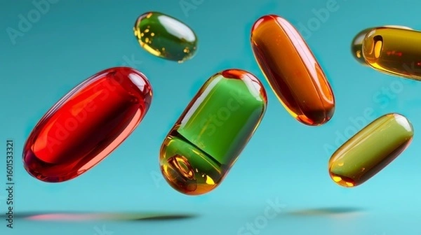 Fototapeta Elevated Nutrition: Vitamins and Supplements Adrift on a Pristine, Luminous Surface