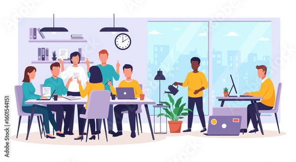 Obraz Diverse team brainstorming and working in a modern office, ideal for presentations on teamwork and collaboration.