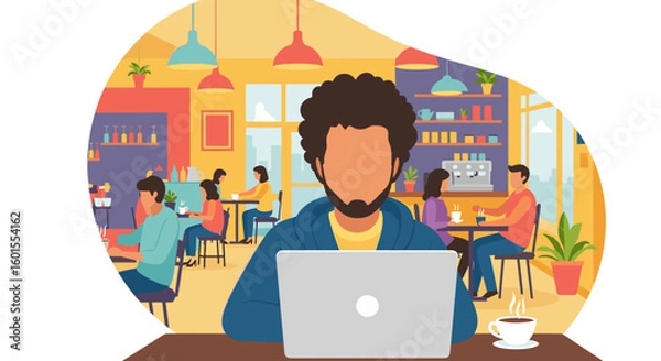 Fototapeta Man working on laptop in a busy cafe, perfect for illustrating remote work or a coffee shop atmosphere.
