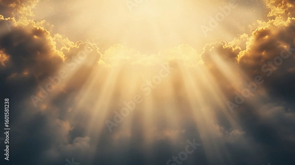 Fototapeta Sunlight beams radiate through dramatic clouds, creating a golden, heavenly glow in the sky.