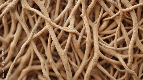 Fototapeta Close-up of a dense network of intertwined, dry, beige branches or roots forming an intricate natural pattern.