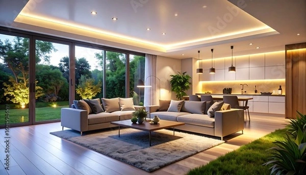 Fototapeta Living Room with Garden View and Modern Interior Design