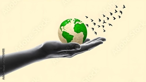Fototapeta Save earth day concept globe in hand and birds flying for environmental protection