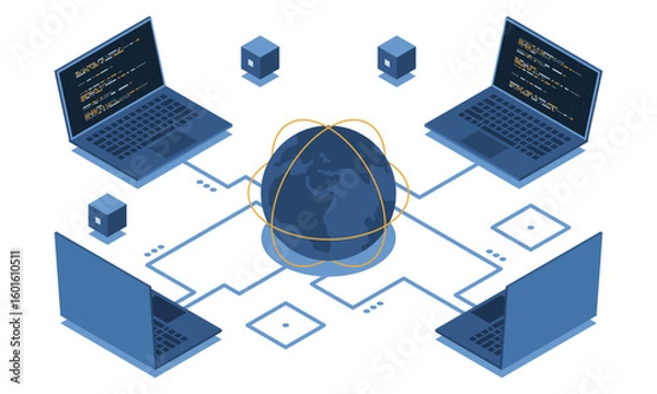 Fototapeta Isometric laptop connected with globe. Global communication internet network. Storage and communication technology. Isometric technology