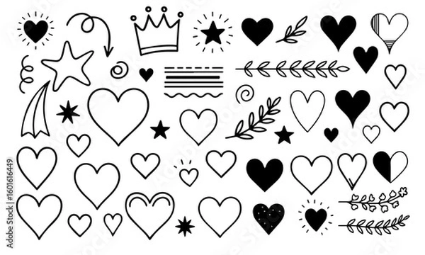 Fototapeta Set black hearts and other doodle elements, hearts styles from various shapes with white backgrounds. Heart for Valentine's Day. Vector illustration.