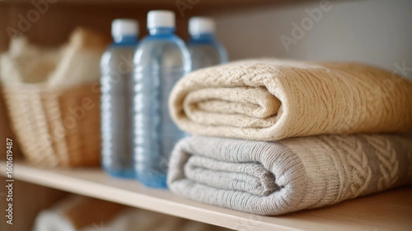 Fototapeta Emergency preparedness supplies with water bottles blankets and food rations for disaster relief
