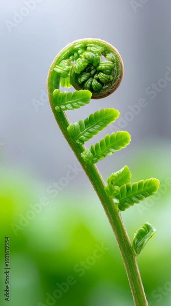 Fototapeta Spiral fern unfurling in close up with delicate detail and vibrant green in vertical composition