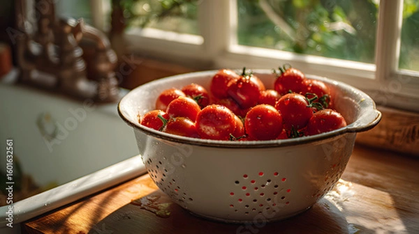 Obraz A white ceramic colander filled with rinsed cherry tomatoes