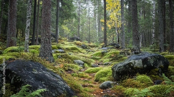 Obraz Misty forest path, moss-covered rocks