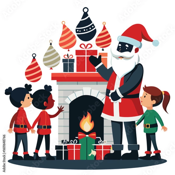 Fototapeta Pure black vector illustration showing Santa delivering gifts as kids watch with excitement beside a cozy chimney setting, isolated on a white background
