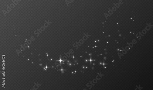 Fototapeta White sparkling stars, shiny particles light effect, transparent flying stardust texture, abstract twinkle Christmas decoration. Vector illustration.