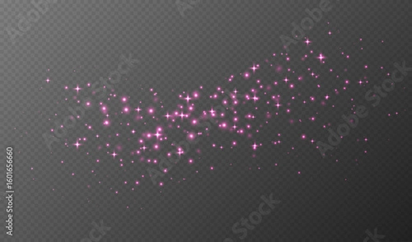 Fototapeta Pink sparkling stars, shiny particles light effect, transparent flying stardust texture, abstract twinkle Christmas decoration. Vector illustration.