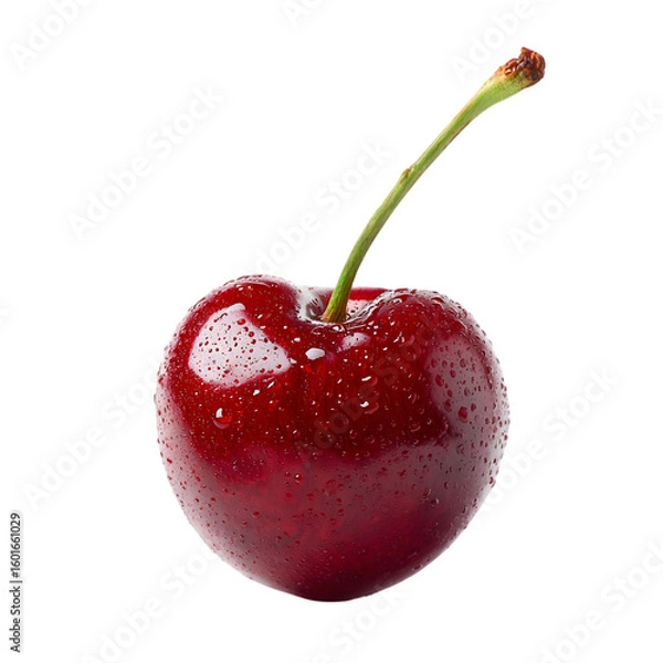 Fototapeta A single ripe dark red cherry with a green stem covered in water droplets isolated on transparent background