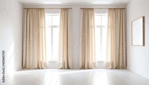 Obraz Empty room with large windows and beige curtains (1)